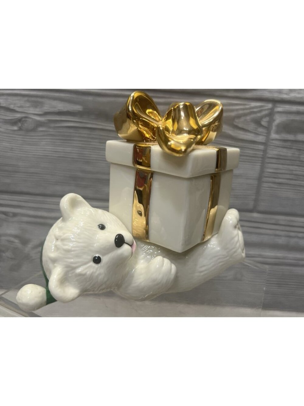 Mikasa Holiday Elegance White Bear Gift Box Green Hat Christmas Trinket Box